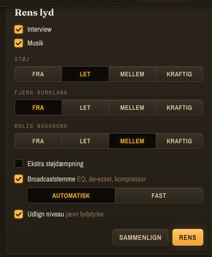Clean sound: noise, room echo and calm background, each with Off, Light, Medium and Strong